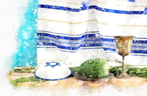 Estilo acuarela e imagen abstracta del festival judío de Sukkot. Símbolos tradicionales (Las cuatro especies): Etrog, lulav, hadas, arava — Foto de Stock
