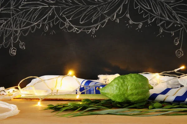 Judisk festival av Sukkot. Traditionella symboler (de fyra arterna): Etrog, lulav, hadas, arava — Stockfoto