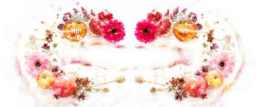 Rosh hashanah (Yahudi Yeni Yıl Tatili) kavramının suluboya tarzı ve soyut görüntüsü. Geleneksel semboller