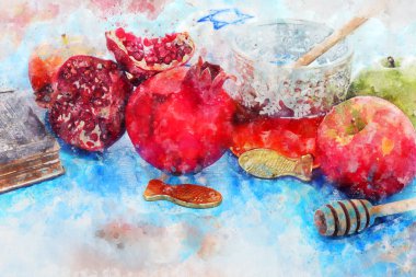 Rosh hashanah (Yahudi Yeni Yıl Tatili) kavramının suluboya tarzı ve soyut görüntüsü. Geleneksel semboller
