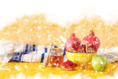 Rosh hashanah 'ın (Yahudi Yeni Yıl Tatili) dini imajı. Geleneksel semboller