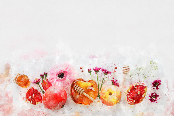 watercolor style and abstract image of Rosh hashanah (jewish New Year holiday) concept. Traditional symbols