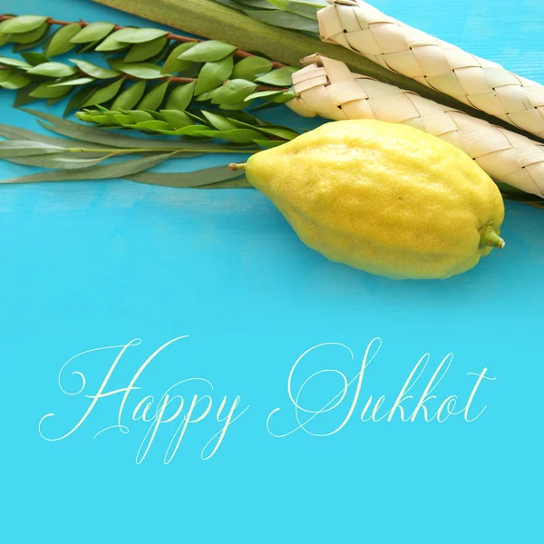 Imagen religiosa del festival judío de Sukkot. Símbolos tradicionales (Las cuatro especies): Etrog, lulav, hadas, arava —  Fotos de Stock