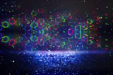 80 lerin fütüristik arka plan retro tarzı. Dijital veya Cyber yüzey. Neon ışıkları ve geometrik desen, test ekran glitch