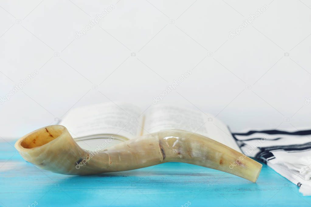 religion image of Prayer Shawl - Tallit, Prayer book and Shofar (horn) jewish religious symbols. Rosh hashanah (jewish New Year holiday), Shabbat and Yom kippur concept