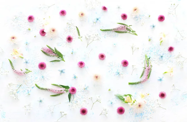 Imagem de natureza de pastel de primavera de fluxo rosa, branco e azul-claro — Fotografia de Stock