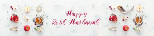 Религиозный образ концепции Рош ха-Шана (еврейский новогодний праздник). Традиционные символы. banner — стоковое фото