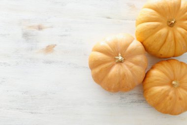 tatil Cadılar Bayramı görüntü. ahşap beyaz masa üzerinde kabaklar. üst görünüm, düz yatıyordu