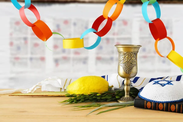 Judisk festival av Sukkot. Traditionella symboler (de fyra arterna): Etrog, lulav, hadas, arava — Stockfoto