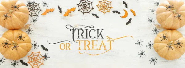 holidays Halloween image. pumpkin, bats and spiders over wooden white table. top view, flat lay. banner