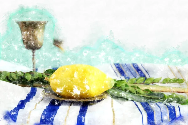 Watercolor style and abstract image of Jewish festival of Sukkot. Traditional symbols (The four species): Etrog, lulav, hadas, arava — Stock Photo, Image