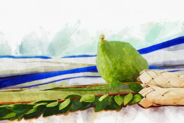 Watercolor style and abstract image of Jewish festival of Sukkot. Traditional symbols (The four species): Etrog, lulav, hadas, arava — Stock Photo, Image