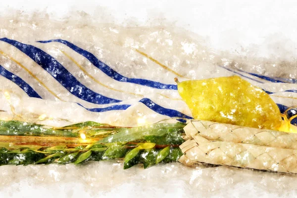 Watercolor style and abstract image of Jewish festival of Sukkot. Traditional symbols (The four species): Etrog, lulav, hadas, arava — Stock Photo, Image