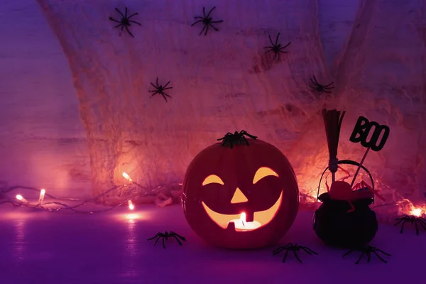 holidays halloween concept image. Pumpkin, spiders over wooden table