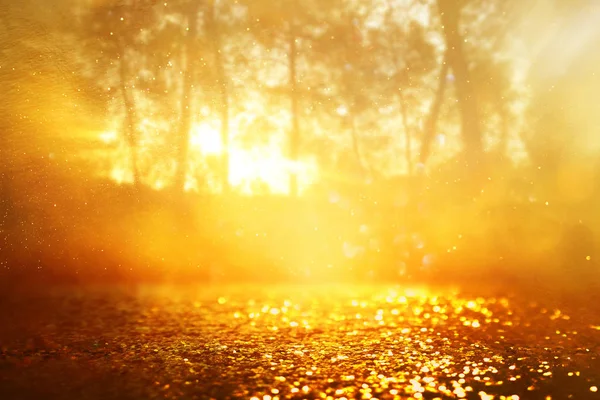 Concept background photo of light burst among trees and glitter golden bokeh sparkles — Stock Photo, Image