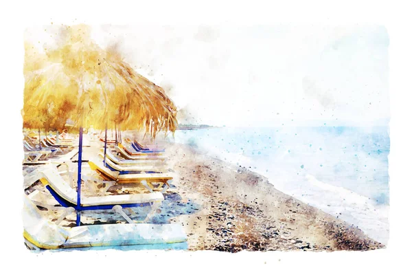 Akwarela Styl Abstrakcyjna Ilustracja Tropikalne Morze Krzesła Plażowe Pod Parasolami — Zdjęcie stockowe