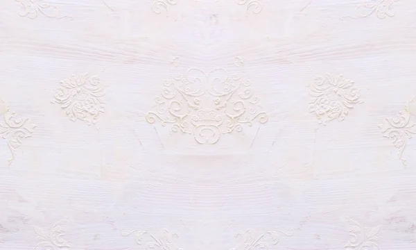 花のエンボスの詳細と白い木製のヴィンテージ壁の背景 — ストック写真