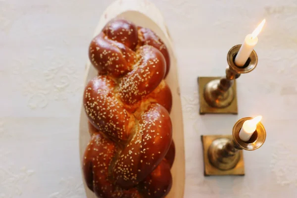 Shabbat Image Challah Bread Candles Top View — Stock Photo, Image