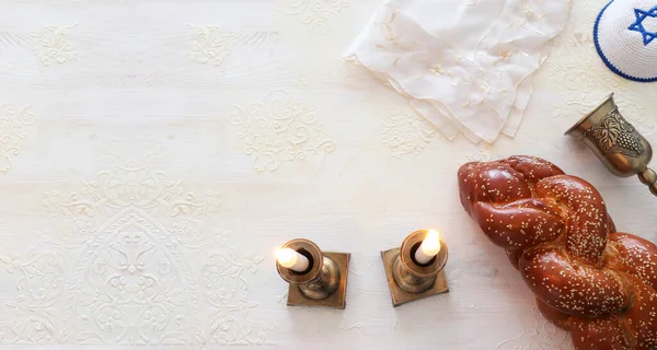 Shabbat Imago Challah Brood Shabbat Wijn Kaarsen Bovenaanzicht — Stockfoto