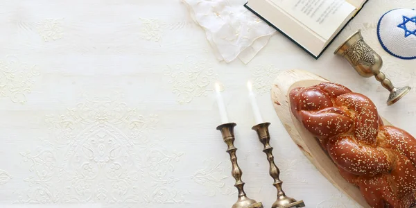 Shabbat Imago Challah Brood Shabbat Wijn Kaarsen Bovenaanzicht — Stockfoto