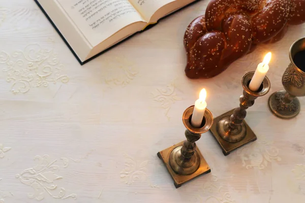 Shabbat Imago Challah Brood Shabbat Wijn Kaarsen Bovenaanzicht — Stockfoto