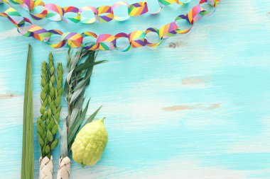 Sukkot Yahudi Festivali. Geleneksel semboller (dört tür): Etrog (citron), lulav (palmiye dalı), hadas (mersin ağacı), arava (söğüt ağacı))