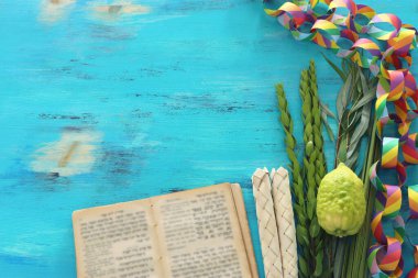 Sukkot Yahudi Festivali. Geleneksel semboller (dört tür): Etrog (citron), lulav (palmiye dalı), hadas (mersin ağacı), arava (söğüt ağacı))