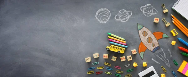 Education Back School Concept Rocket Cut Paper Painted Blackboard Background — Stock Photo, Image