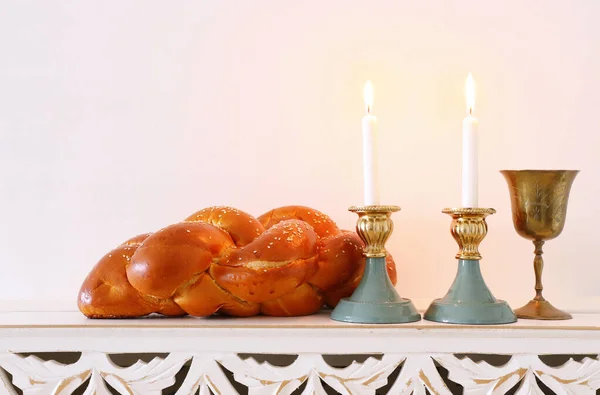 Šabatový Obraz Chléb Challah Šabatové Víno Svíčky — Stock fotografie