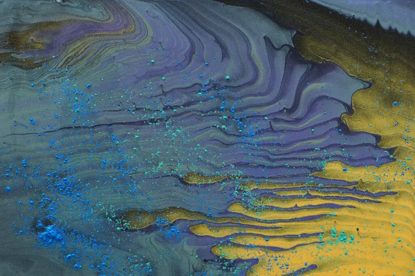 抽象的な大理石の効果の背景の芸術写真 金と紫 緑の創造的な色 美しい絵具 — ストック写真