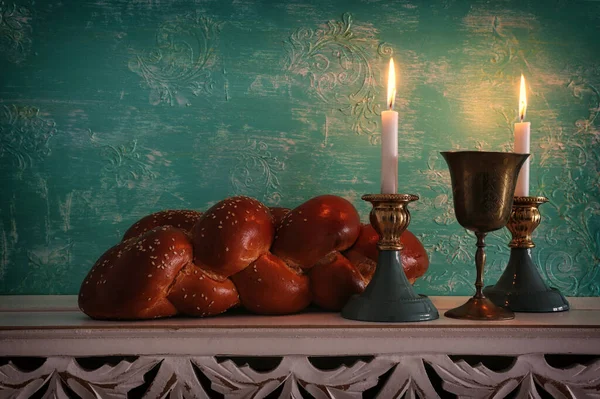 Sabbatsbild Utmana Bröd Shabbat Vin Och Ljus — Stockfoto