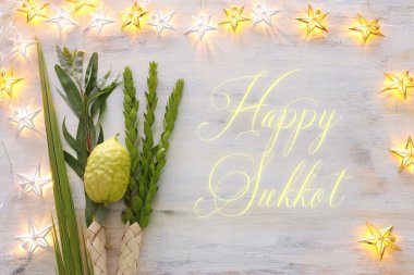Sukkot Yahudi Festivali. Geleneksel semboller (dört tür): Etrog (citron), lulav (palmiye dalı), hadas (mersin ağacı), arava (söğüt ağacı))