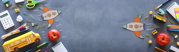 Education Back School Concept Rocket Cut Paper Painted Blackboard Background — Stock Photo, Image