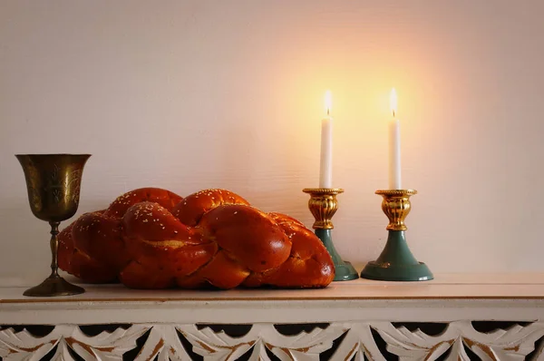 Immagine Shabbat Pane Vino Dello Shabbat Candele — Foto Stock