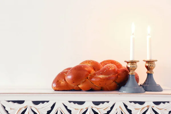 Shabbat Imago Challah Brood Shabbat Wijn Kaarsen — Stockfoto