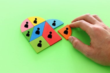 Tahta masa, insan kaynakları ve yönetim kavramının üzerinde simgeler bulunan kalp şeklinde tangram yapboz blokları