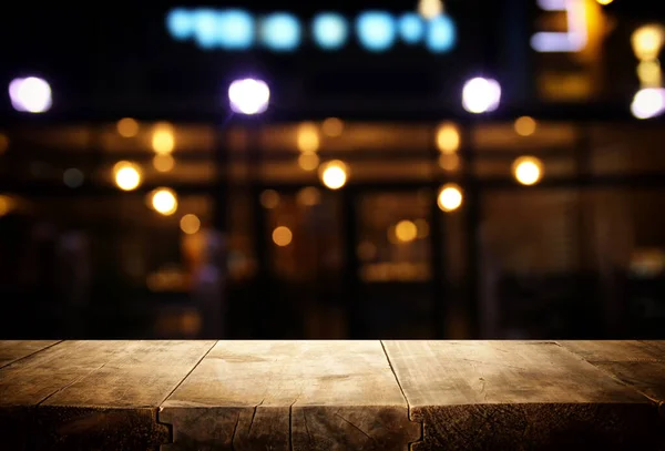 Background Image Wooden Table Front Abstract Blurred Restaurant Lights — Stock Photo, Image