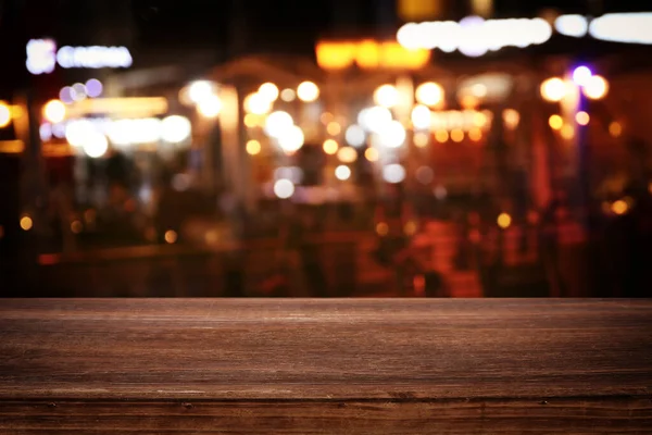 Background Image Wooden Table Front Abstract Blurred Restaurant Lights — Stock Photo, Image