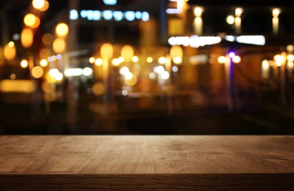 Background Image Wooden Table Front Abstract Blurred Restaurant Lights — Stock Photo, Image