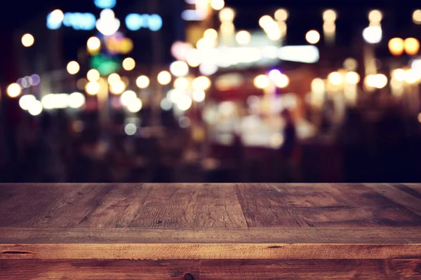 Background Image Wooden Table Front Abstract Blurred Restaurant Lights — Stock Photo, Image