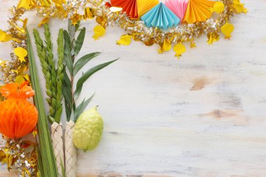 Sukkot Yahudi Festivali. Geleneksel semboller (dört tür): Etrog (citron), lulav (palmiye dalı), hadas (mersin ağacı), arava (söğüt ağacı))
