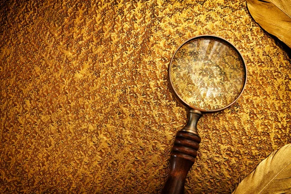 Vintage Lupa Dřevěnou Rukojetí Přes Luxusní Zlaté Mosazi Pozadí — Stock fotografie
