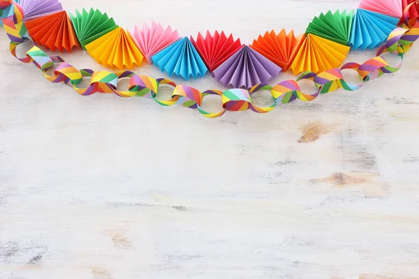 Paper Colorful Chain Garland White Wooden Background Traditional Jewish Sukkot — Stock Photo, Image