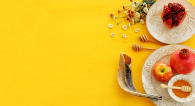 Rosh hashanah 'ın (Yahudi Yeni Yıl Tatili) dini imajı. Geleneksel semboller