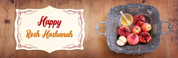 Концепція Rosh Hashanah Evesh Holiday Медові Гранатові Яблучні Традиційні Символи — стокове фото