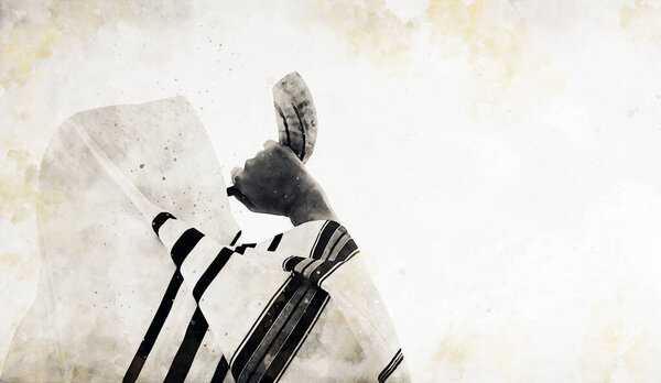 watercolor style and abstract illustration of Jewish man blowing the Shofar (horn) of Rosh Hashanah (New Year). Religious symbol.