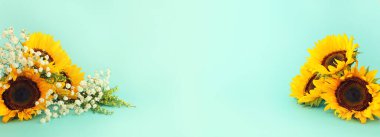 Mavi pastel arkaplan üzerinde ayçiçeklerinin üst görünümü