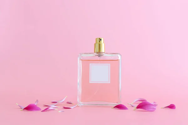 Imagem Frasco Perfume Elegante Sobre Fundo Pastel Rosa — Fotografia de Stock