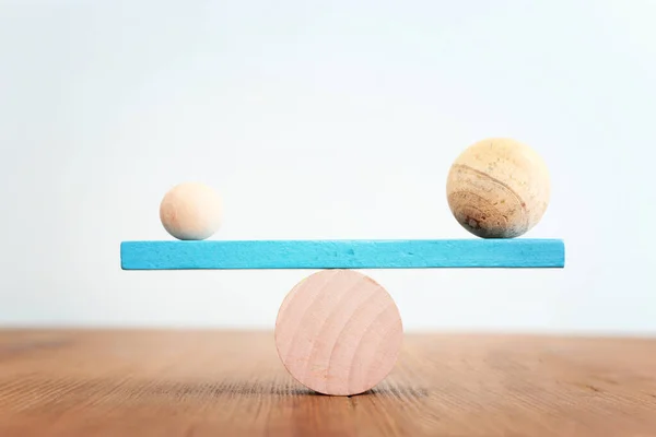 Concept Finding Right Balance Wooden Balls Cubes Seesaw — Stock Photo, Image