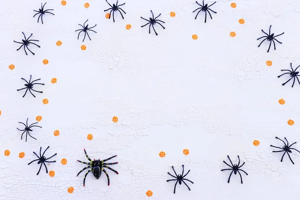 Sváteční Koncept Halloweenu Pavouci Bílém Dřevěném Pozadí Pohled Shora Byt — Stock fotografie
